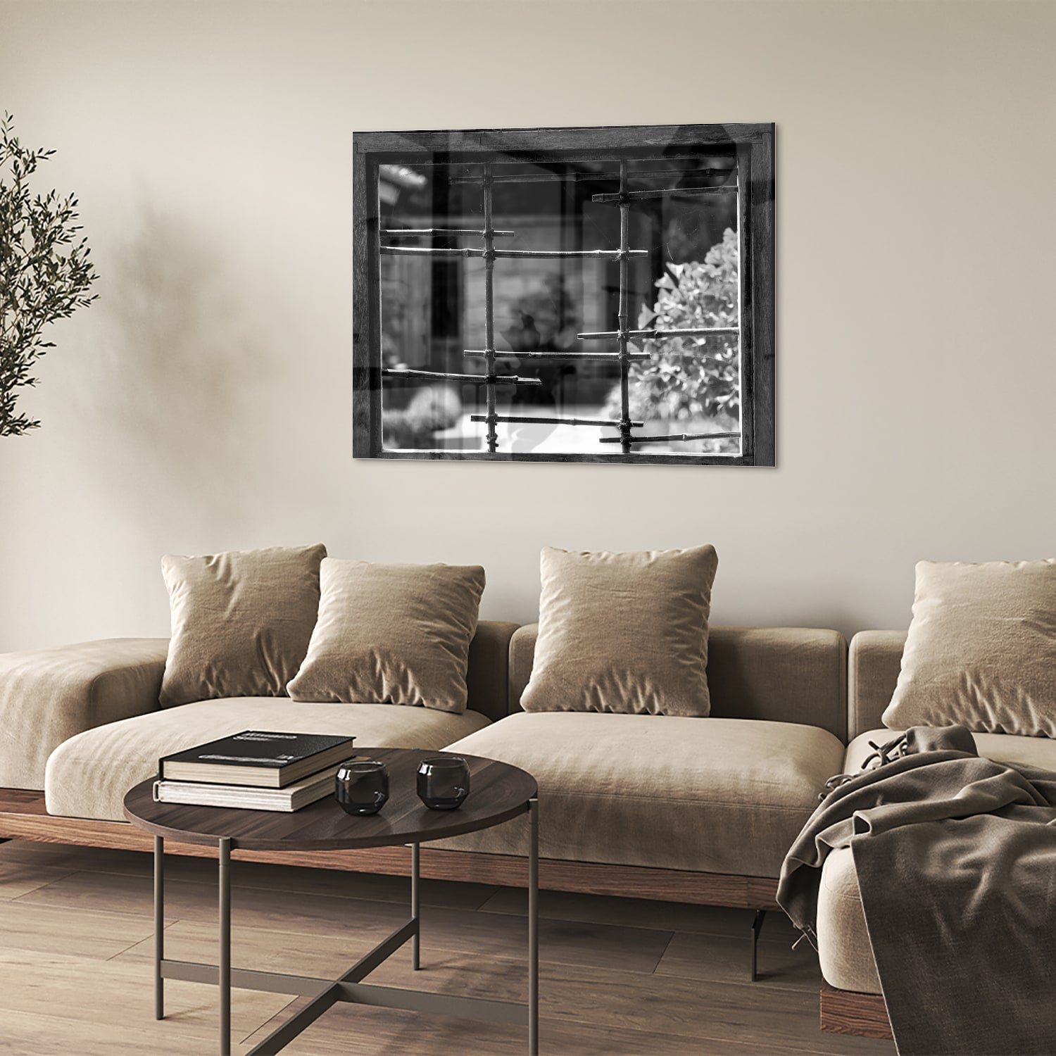 Glazen schilderij met chique raamuitzicht in een moderne woonkamer