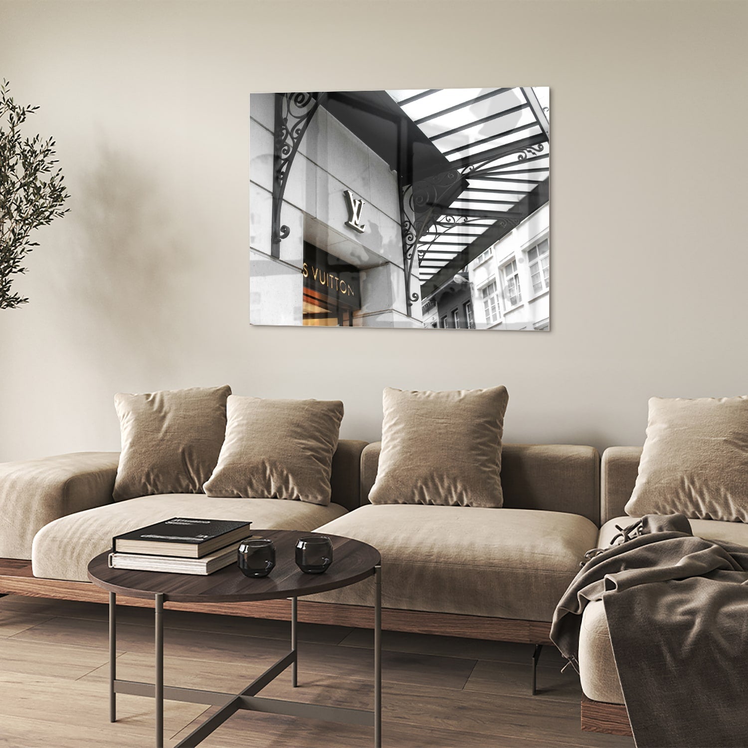 Glazen schilderij van luxe boetiek in zwart-wit, perfecte wanddecoratie.