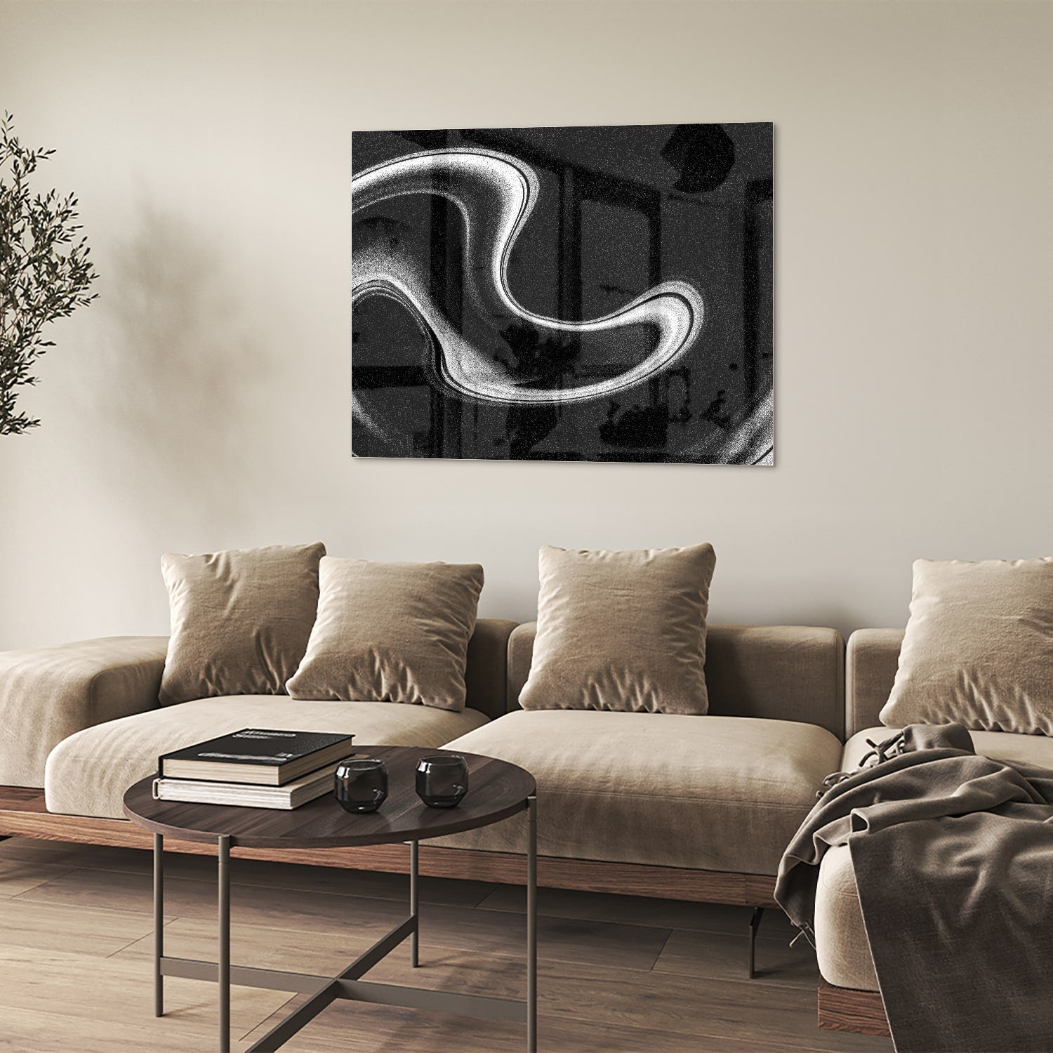 Zwart-wit glazen schilderij met abstracte golven, geschikt voor moderne interieurs.