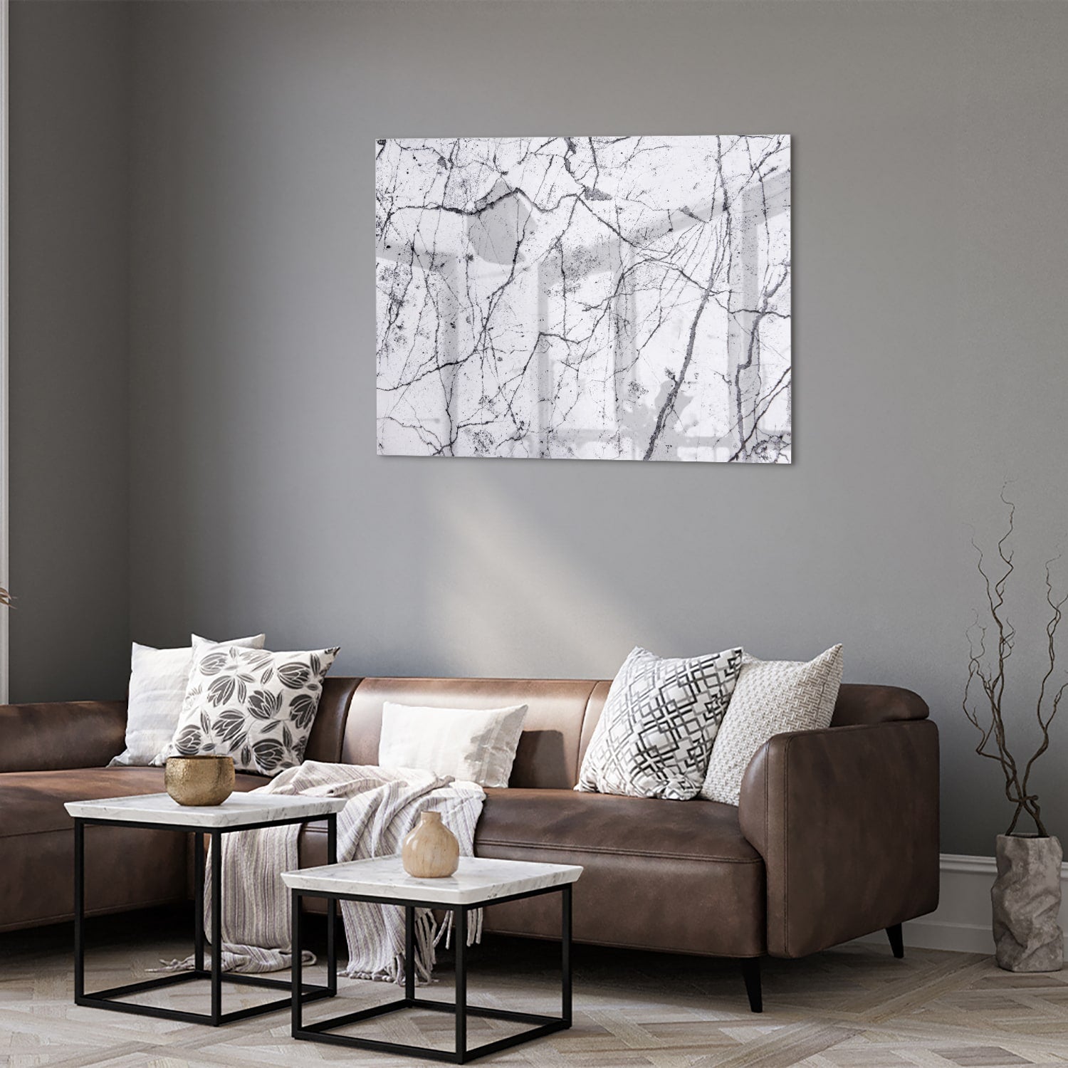 Abstract glazen schilderij met takkenstructuur in zwart-wit