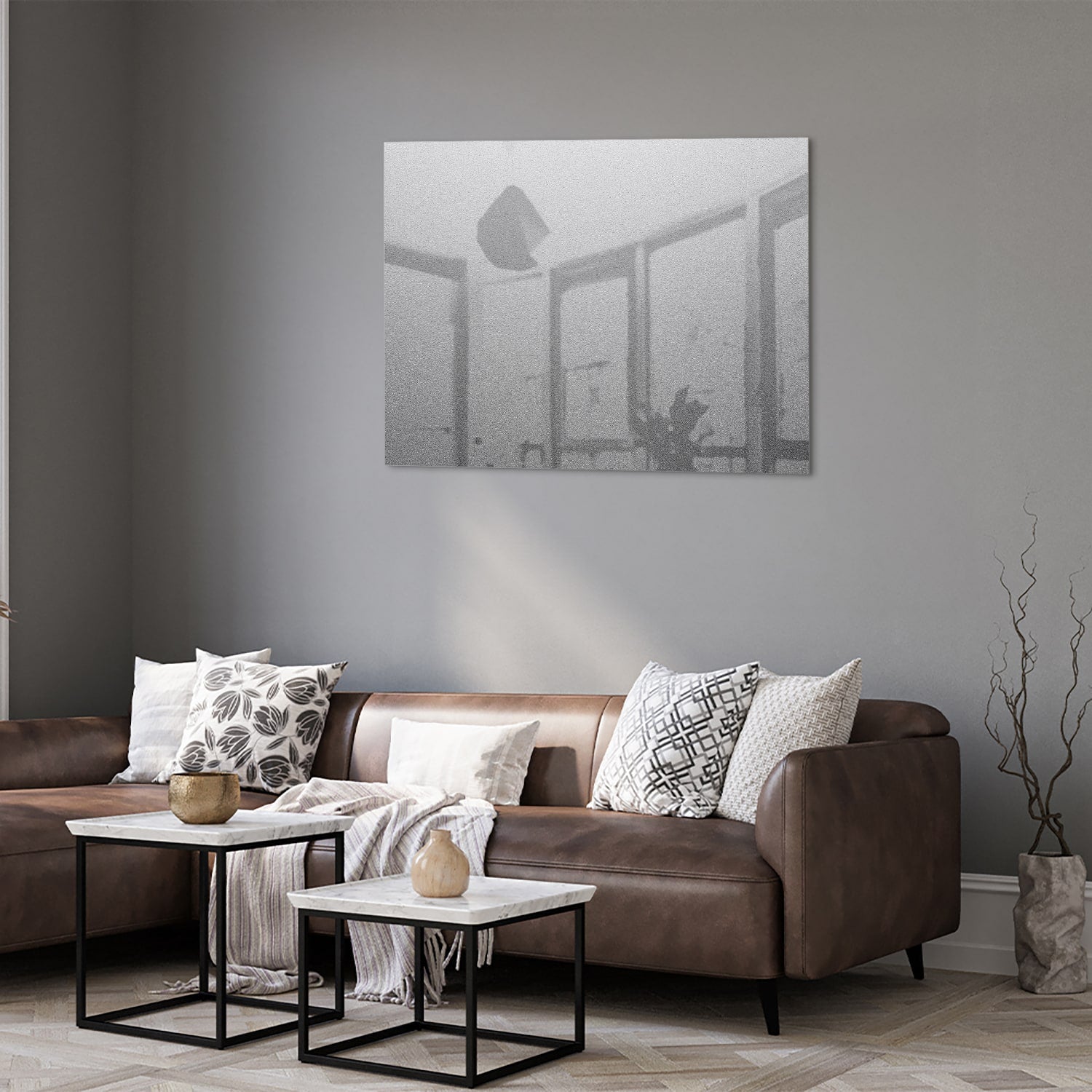 Minimalistisch glazen schilderij met reflecties, ideaal voor een modern interieur