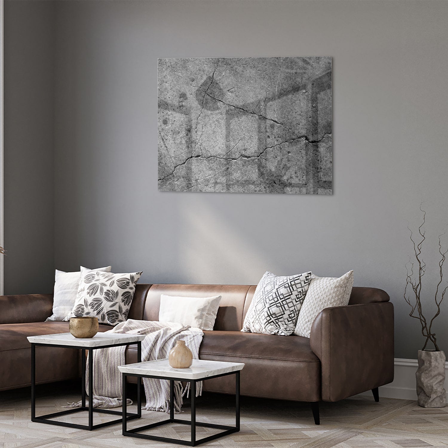 Abstract glazen schilderij met unieke structuur en lijnen.