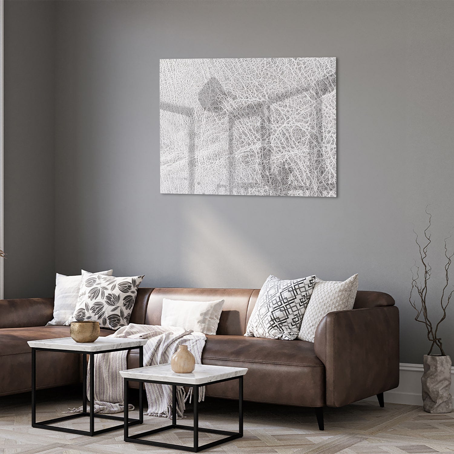 Een abstract glazen schilderij met lijnen, perfect voor moderne interieurs.