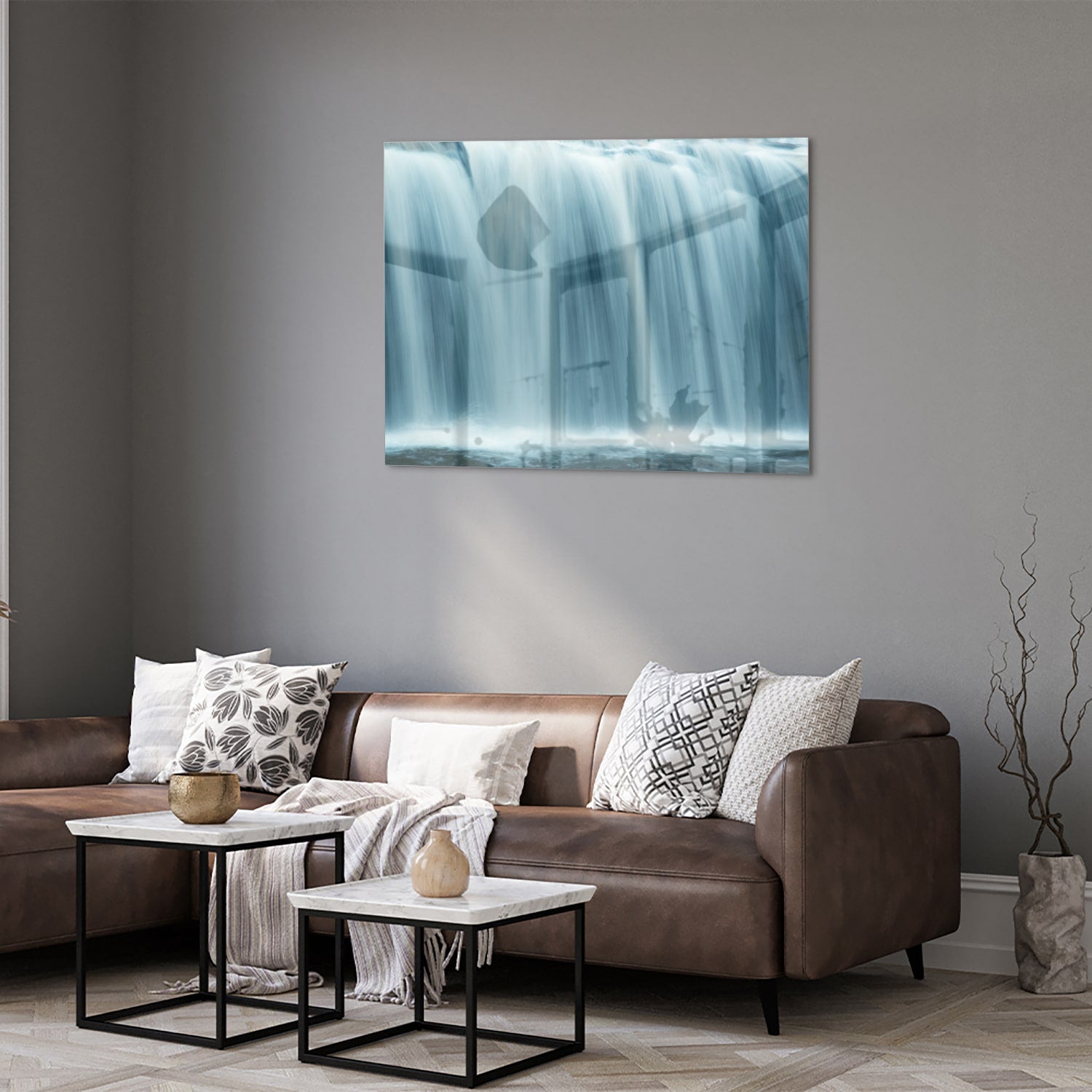 Glazen schilderij van watervallen in heldere blauwtinten, prachtig voor in huis.