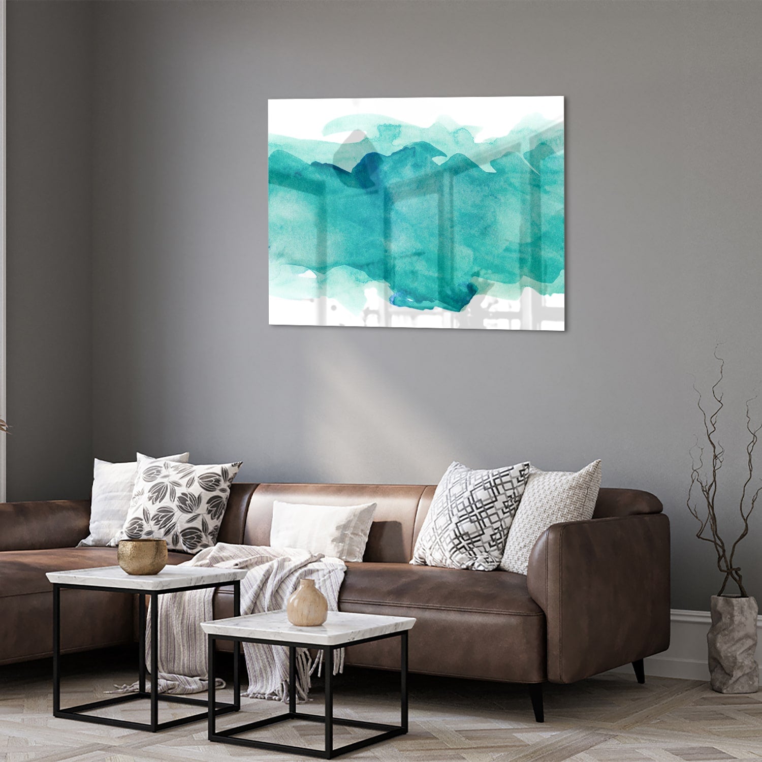 Abstract glazen schilderij met turquoise tinten, perfect voor moderne interieurs.