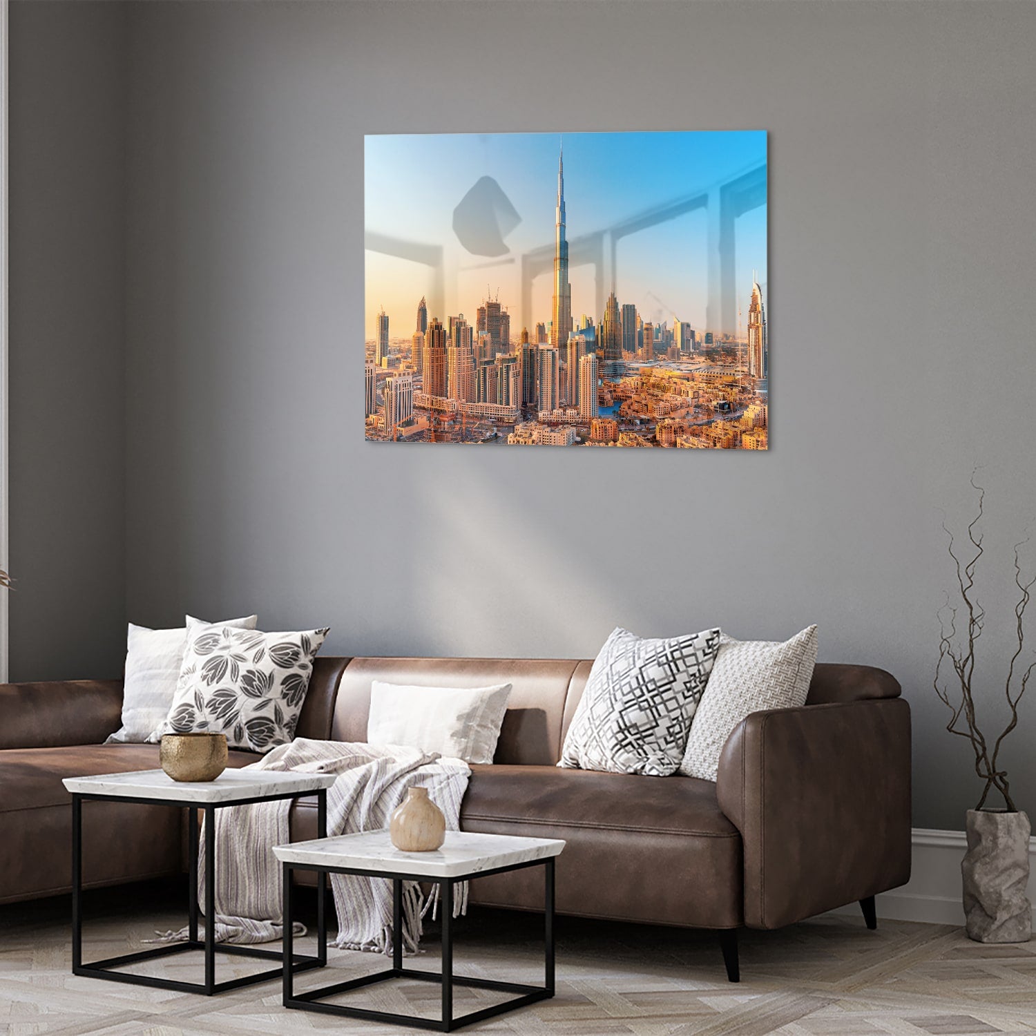 Glazen schilderij van de skyline van Dubai met Burj Khalifa tijdens zonsondergang