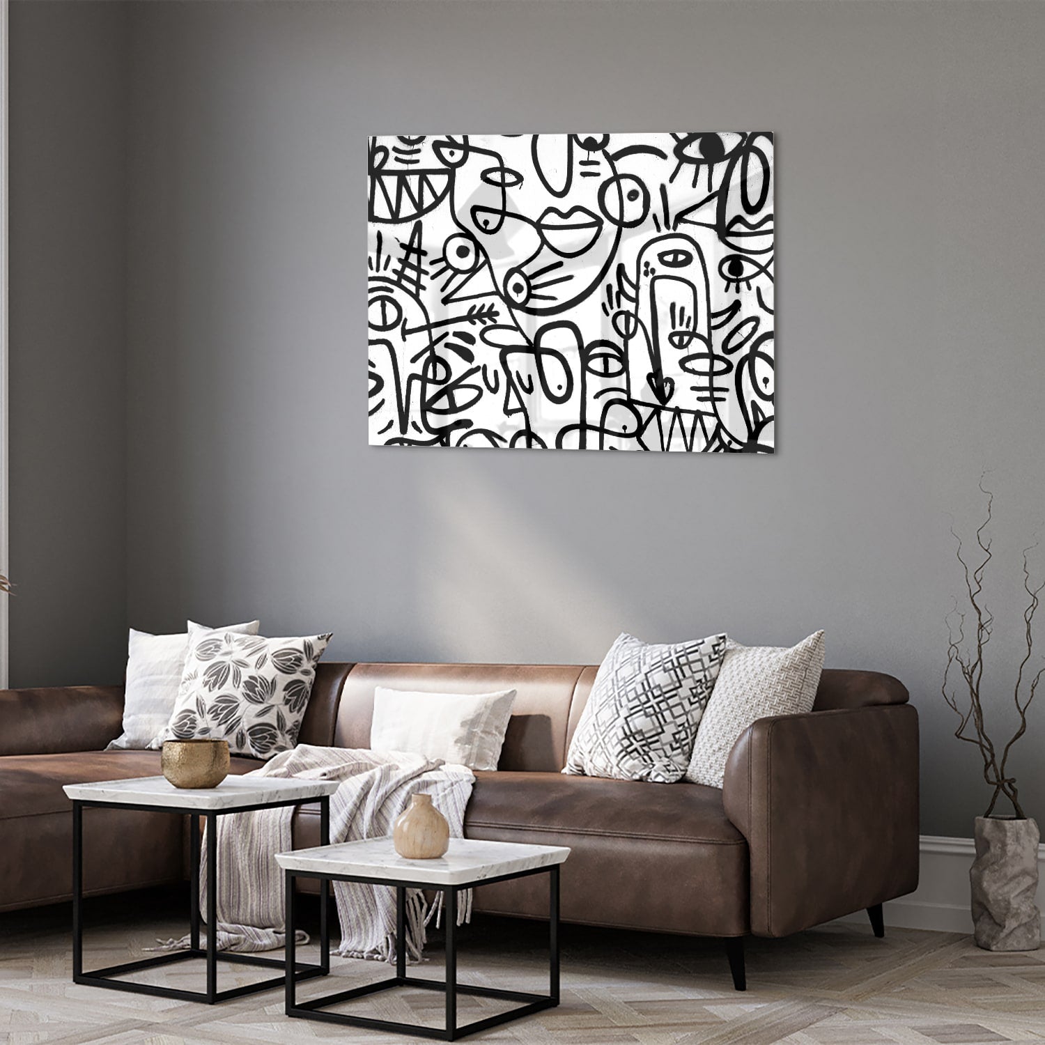 Abstract glazen schilderij in zwart-wit met vormen en lijnen
