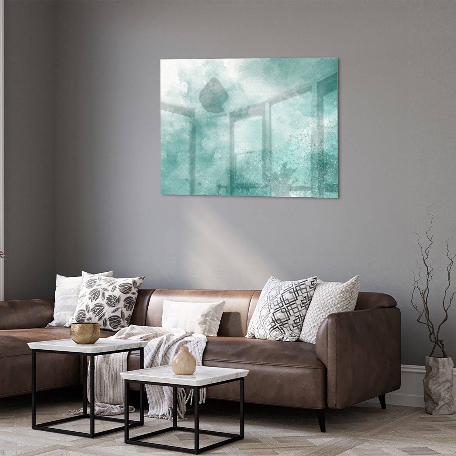 Abstract glazen schilderij in aquablauw kleur, past mooi in een modern interieur.