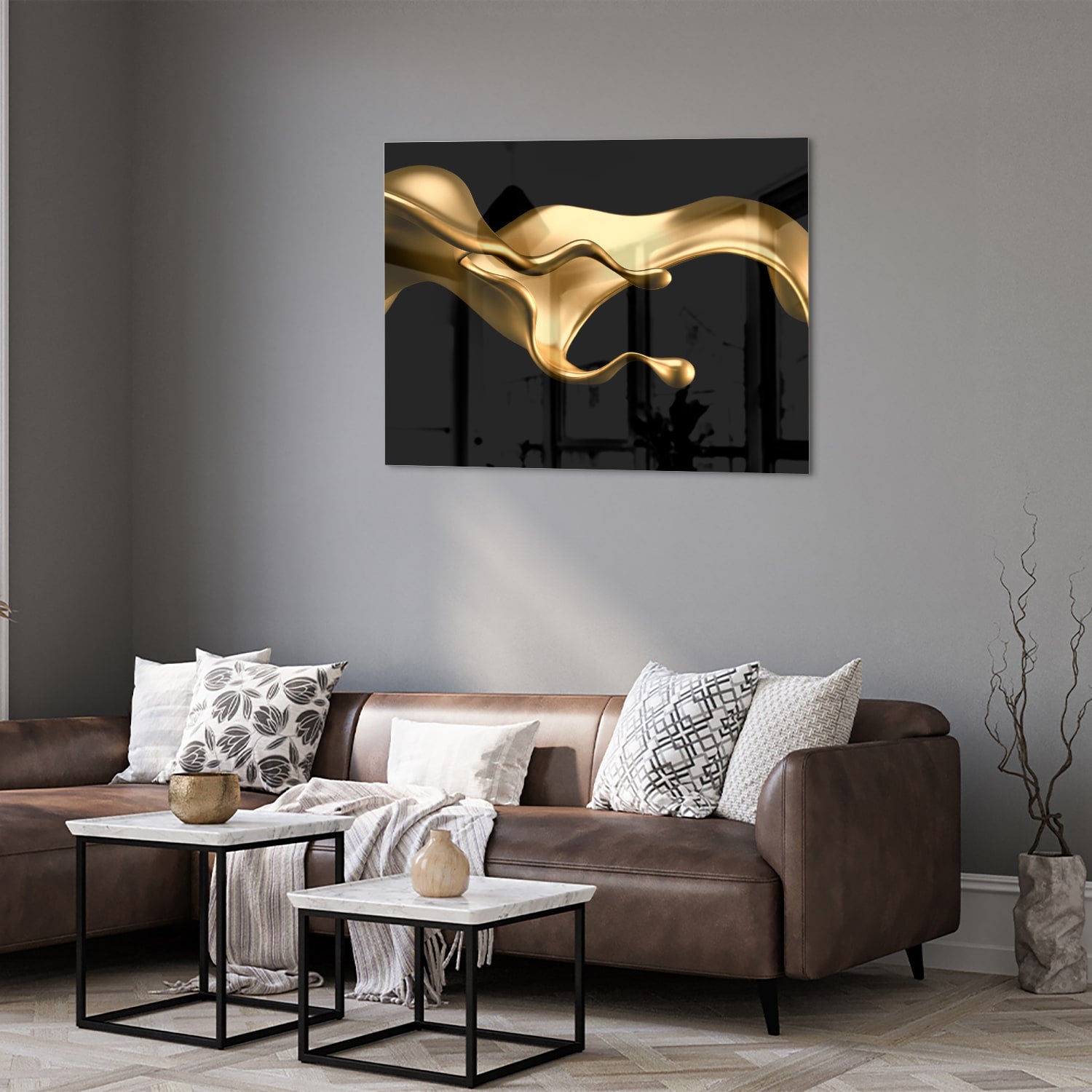Gouden abstract glas schilderij met zwarte achtergrond, perfect voor moderne interieurs.