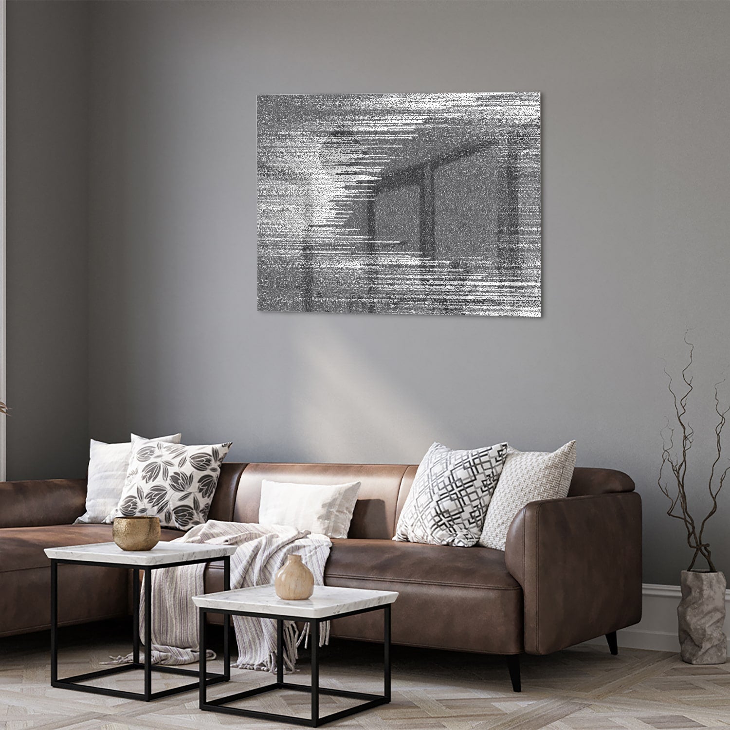 Abstract glazen schilderij in zwart-wit aan de muur met planten