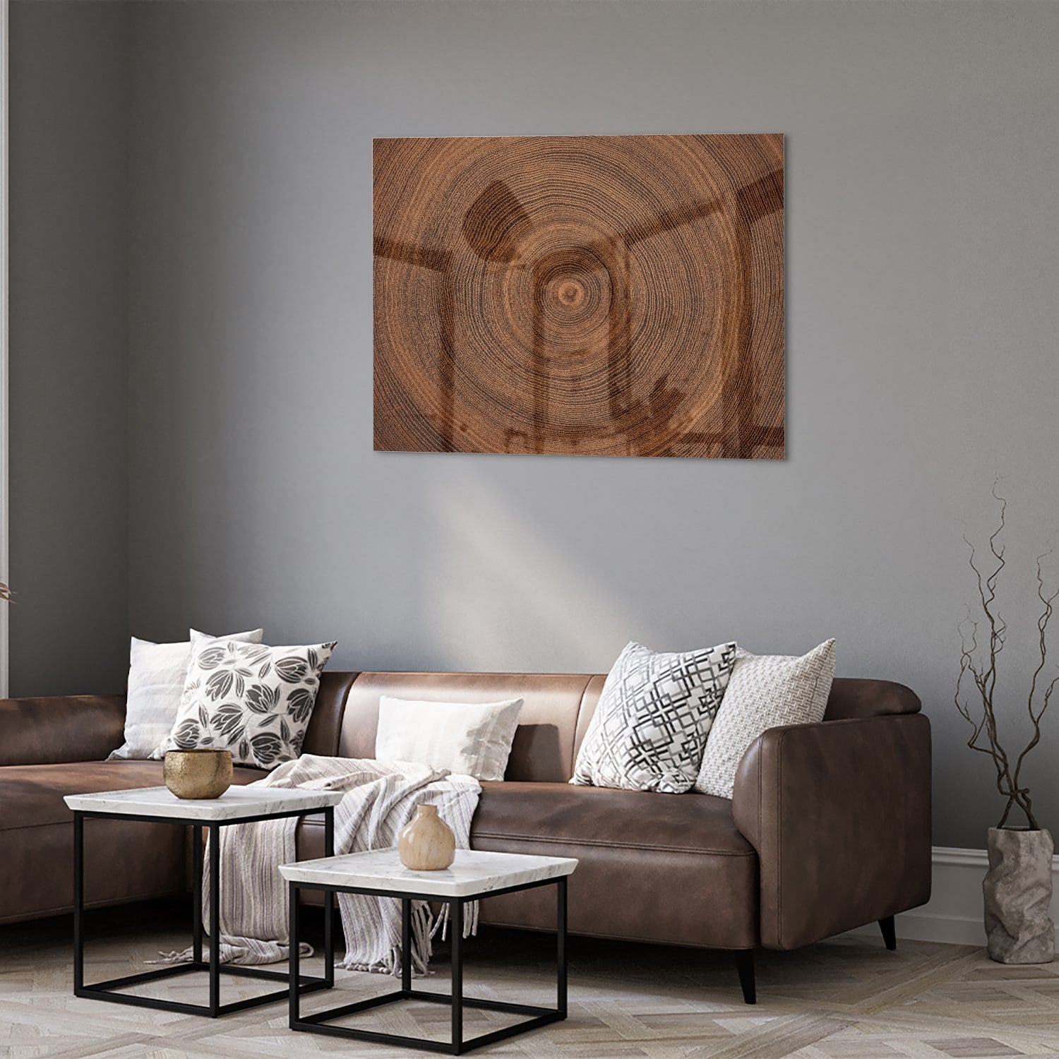 Glazen schilderij met een prachtige houtnerf, perfect voor wanddecoratie.