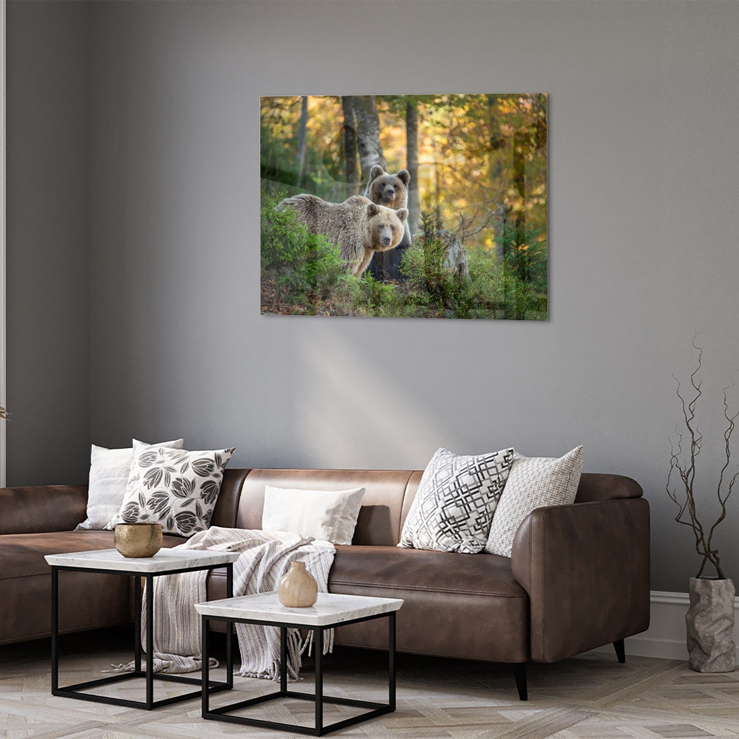 Glazen schilderij met twee schattige beren in een bosrijke omgeving