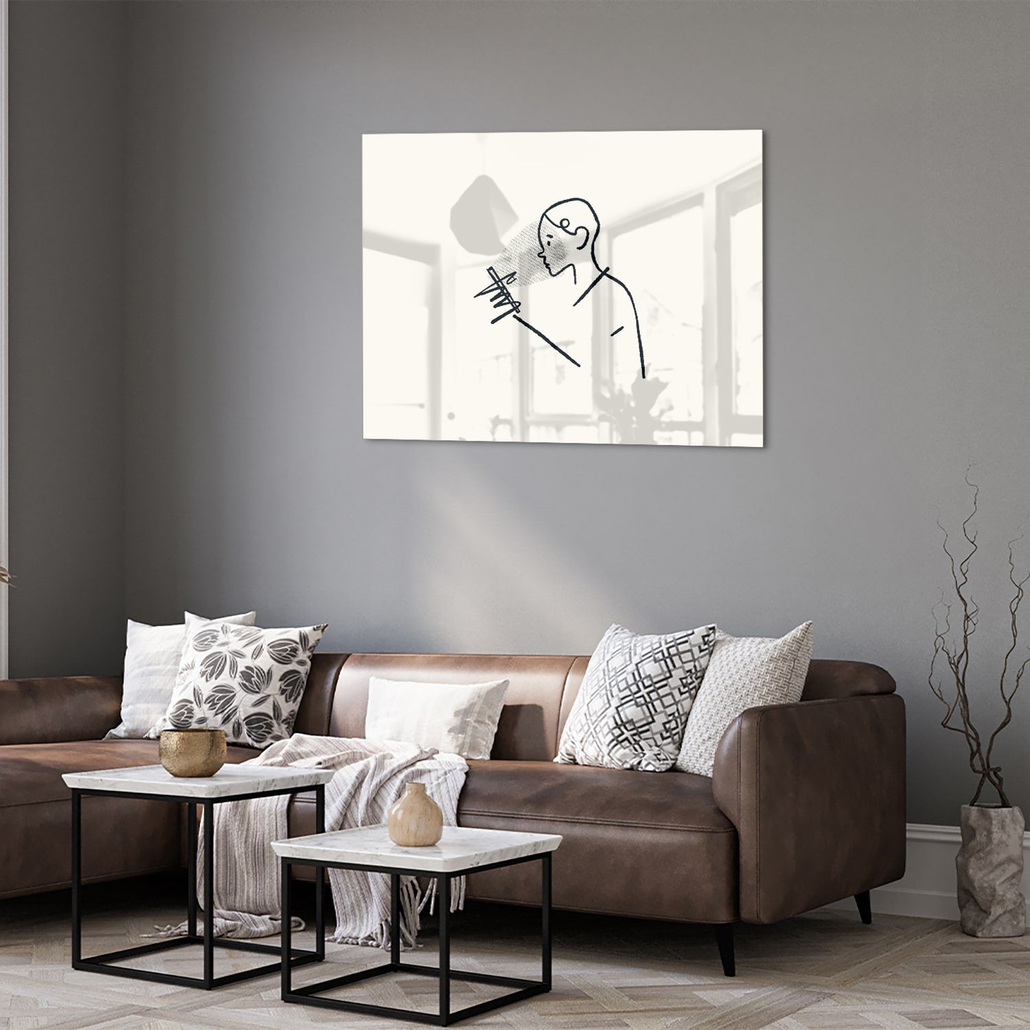 Minimalistisch glazen schilderij met lijntekeningen van een persoon.