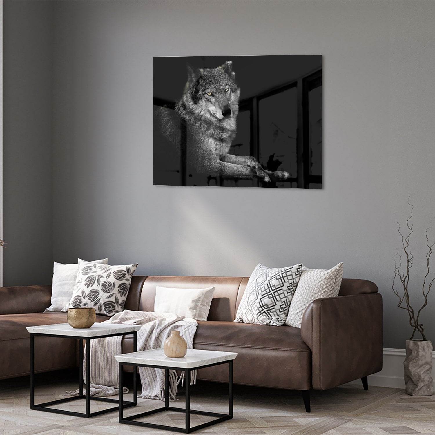 Glas schilderij van een wolf in zwart-wit, perfect voor wanddecoratie.