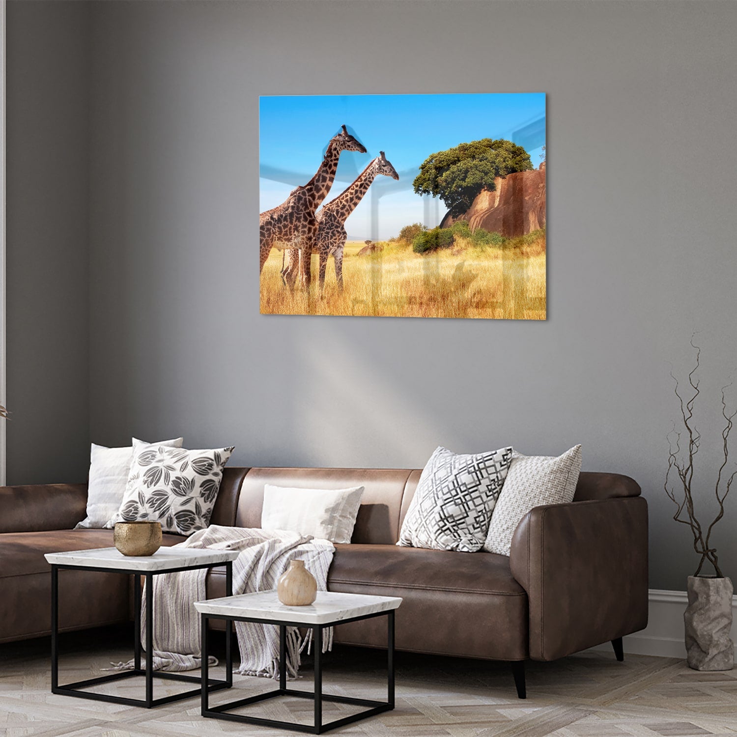 Glazen schilderij van twee giraffen in een Afrikaans landschap