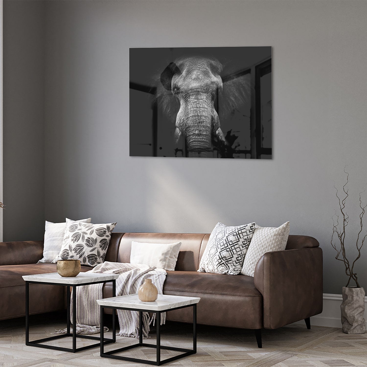 Glazen schilderij van een olifant in zwart-wit, perfect voor interieurdecoratie.