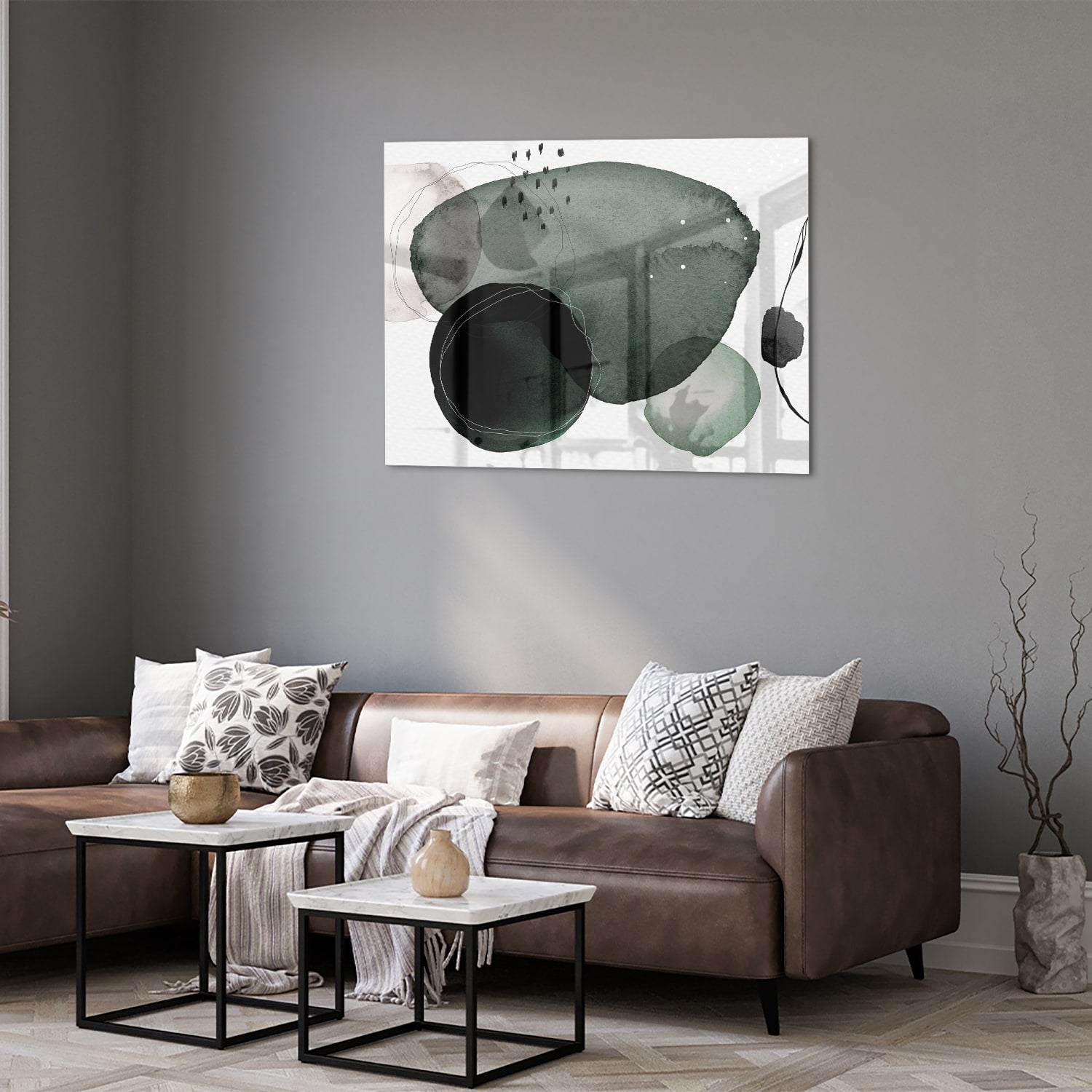 Abstract glas schilderij met groene en zwarte vormen