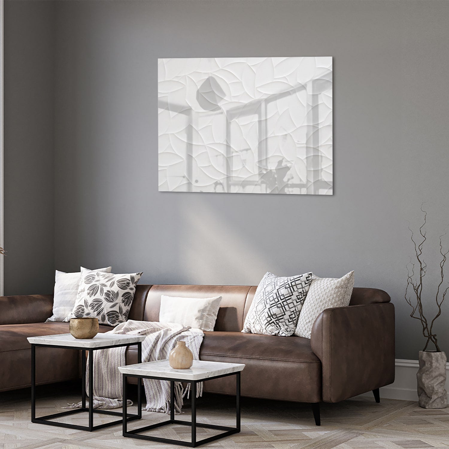 Glazen schilderij met textuur in wit, perfect voor moderne interieurs.