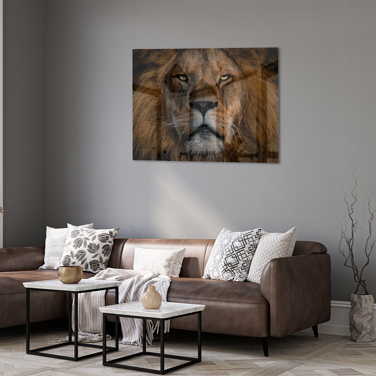 Glazen schilderij van een leeuw, een krachtige uitstraling voor de wand.