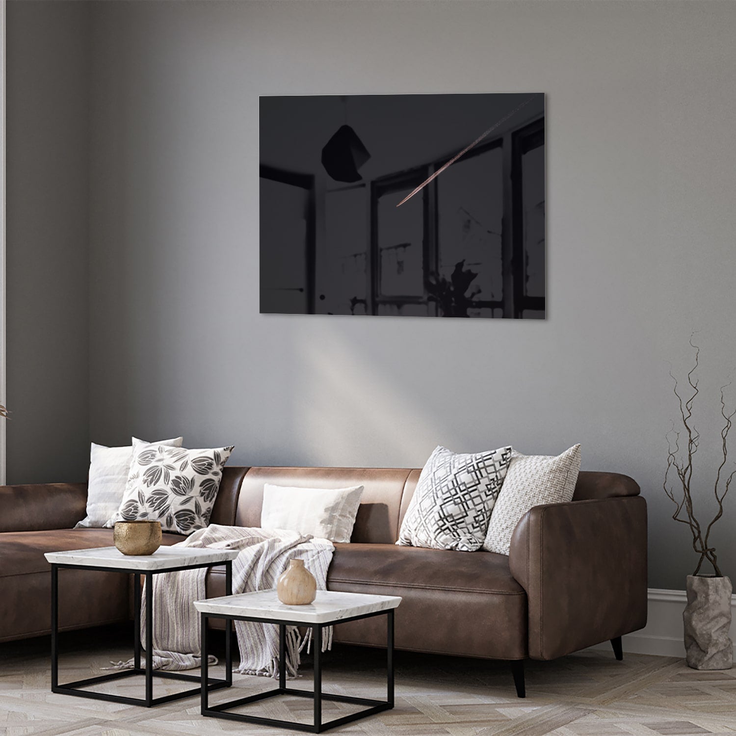 Modern glazen schilderij met zwarte achtergrond, geschikt voor stijlvolle interieurs.