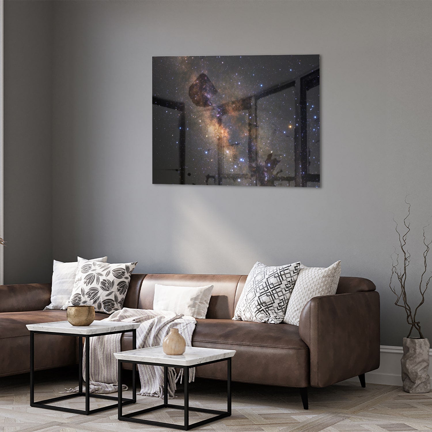 Glazen schilderij van het universum met sterren en nevels