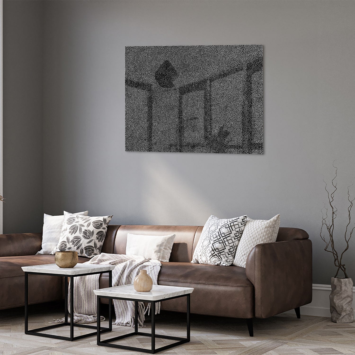 Abstract glazen schilderij in zwart-wit aan de muur