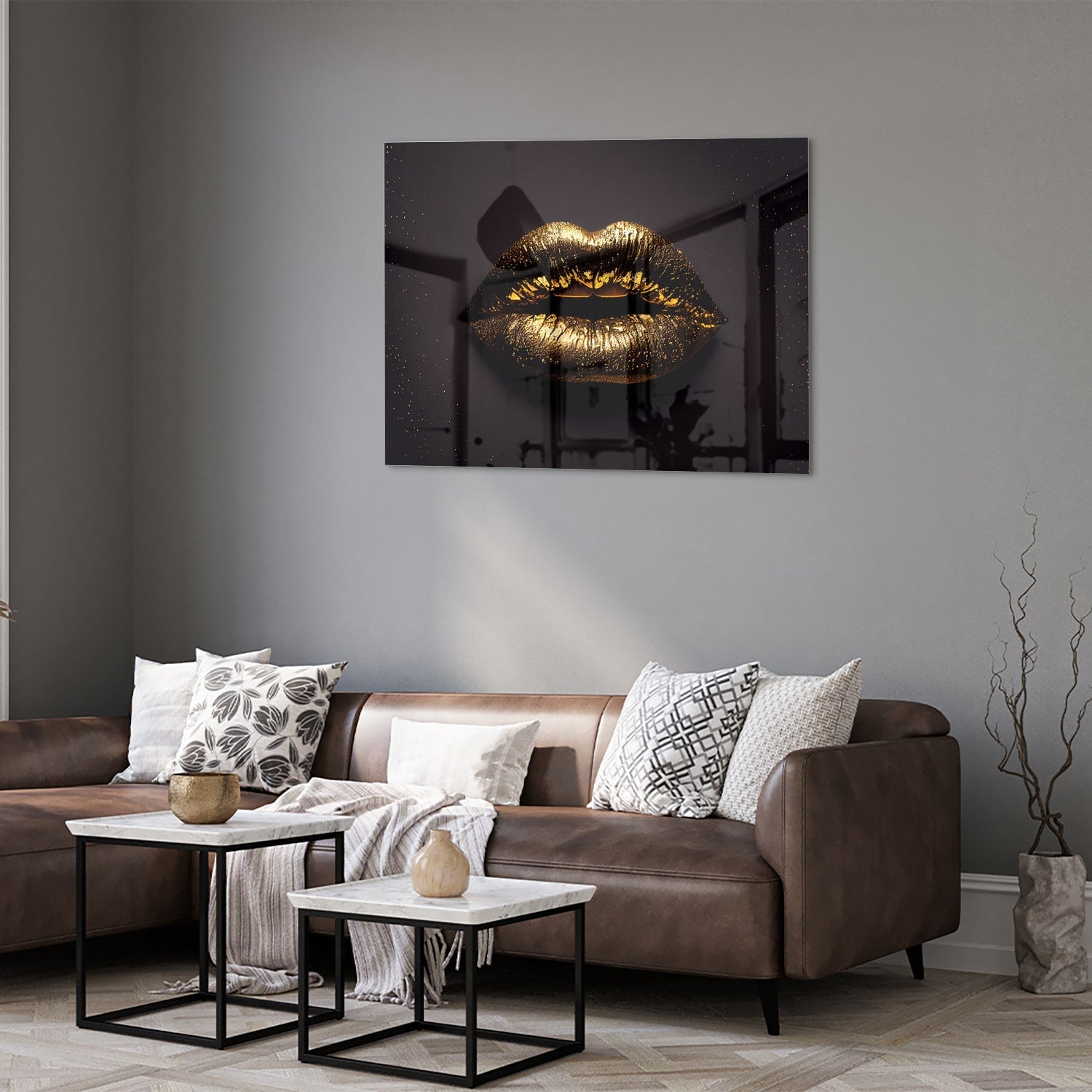 Glazen schilderij met gouden lippen, elegant voor in de woonkamer.