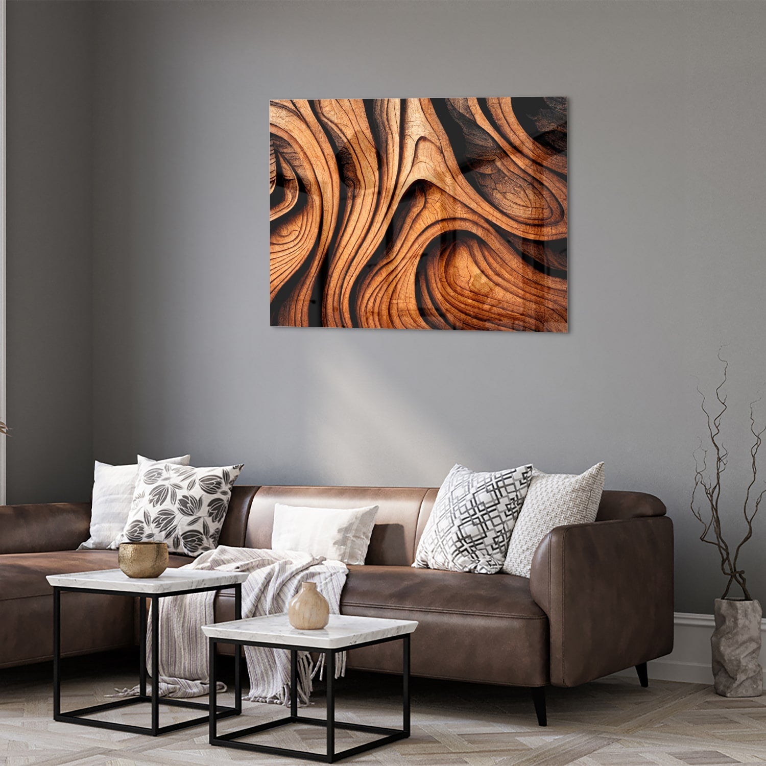 Glas schilderij met houtstrukturen in warme tinten, perfect voor wanddecoratie.