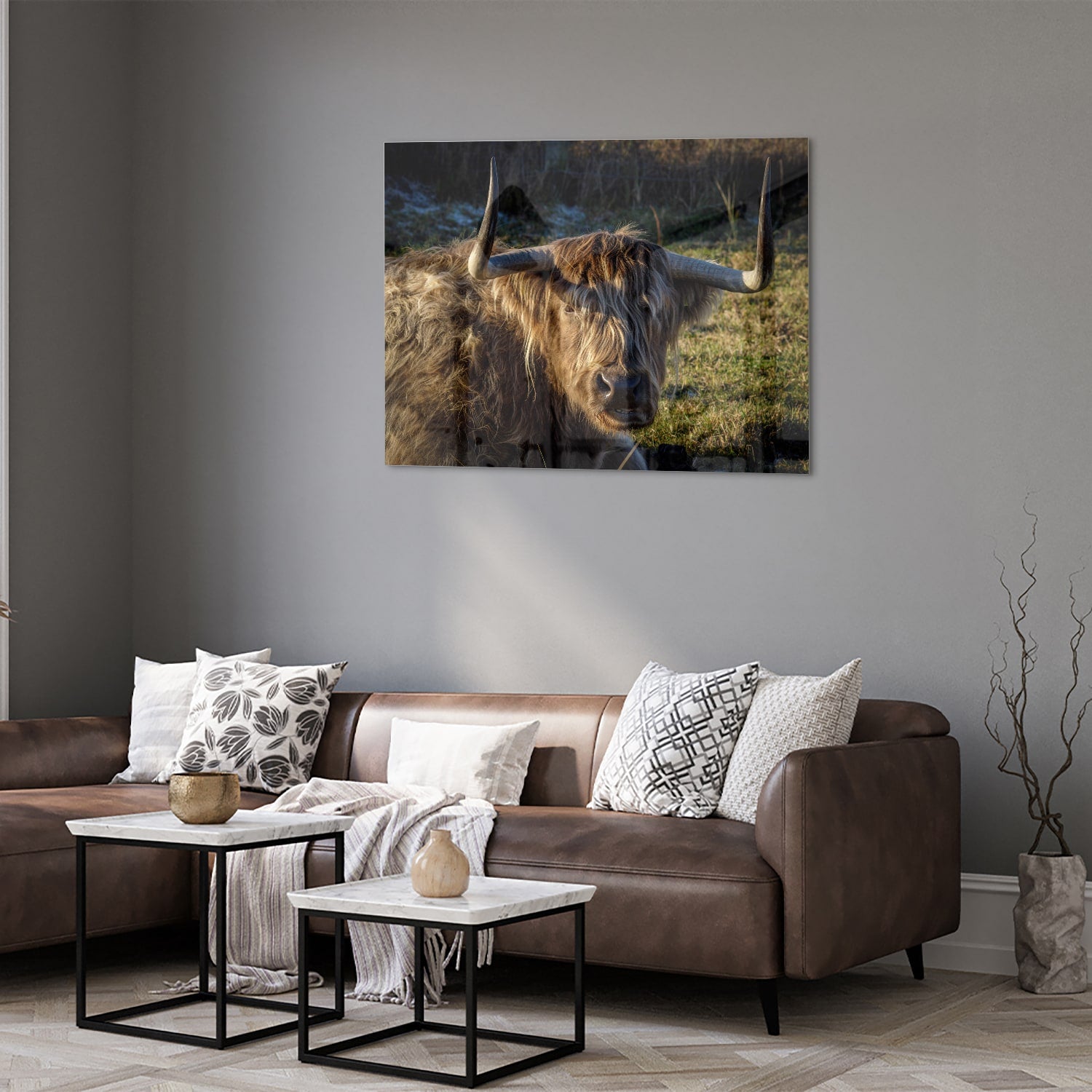 Glazen schilderij van een Highlander rund in een groene omgeving