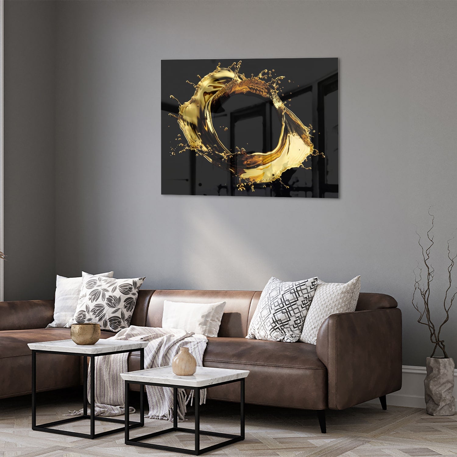 Luxe glazen schilderij met gouden spatten op zwarte achtergrond