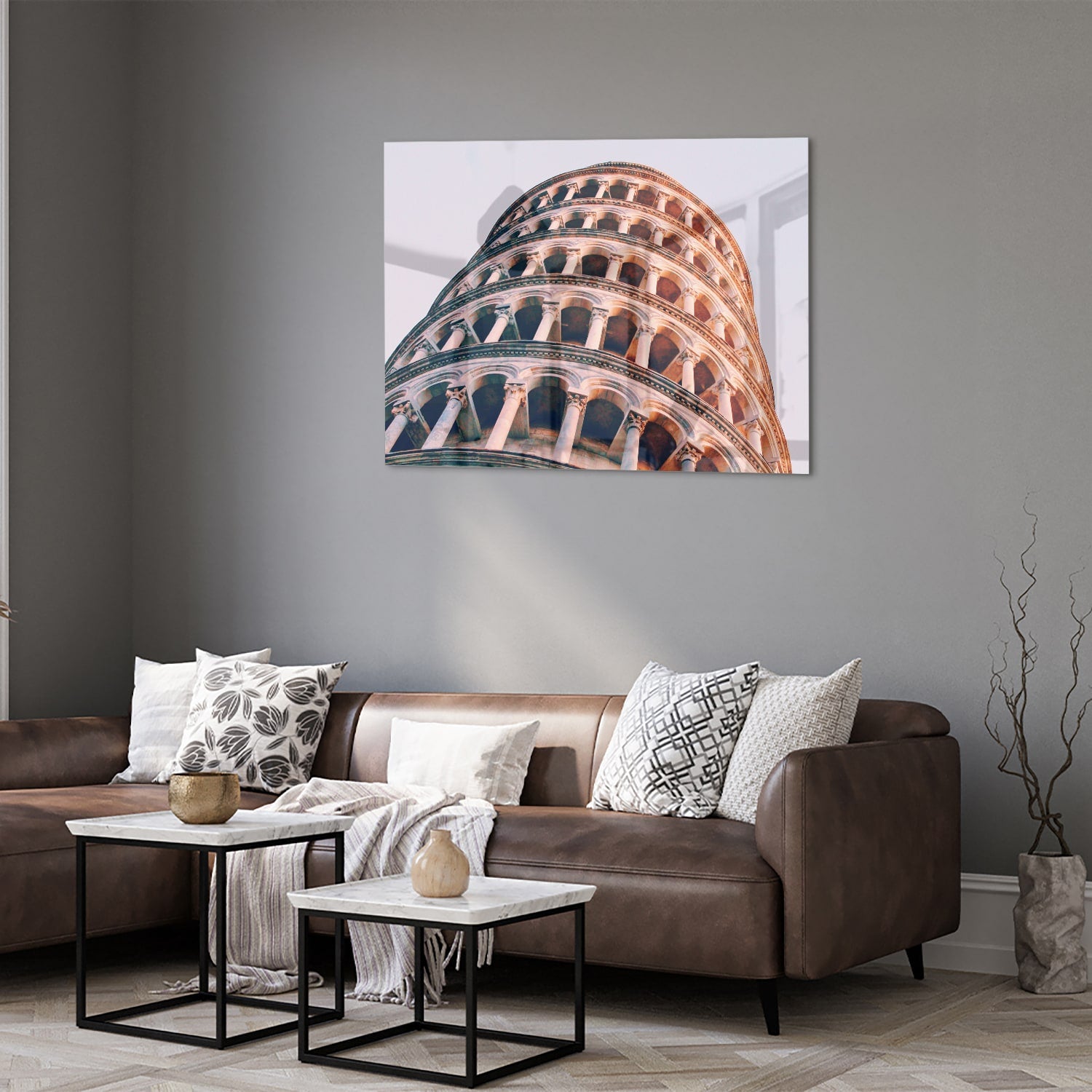 Glazen schilderij van de Scheve Toren van Pisa in warm tinten