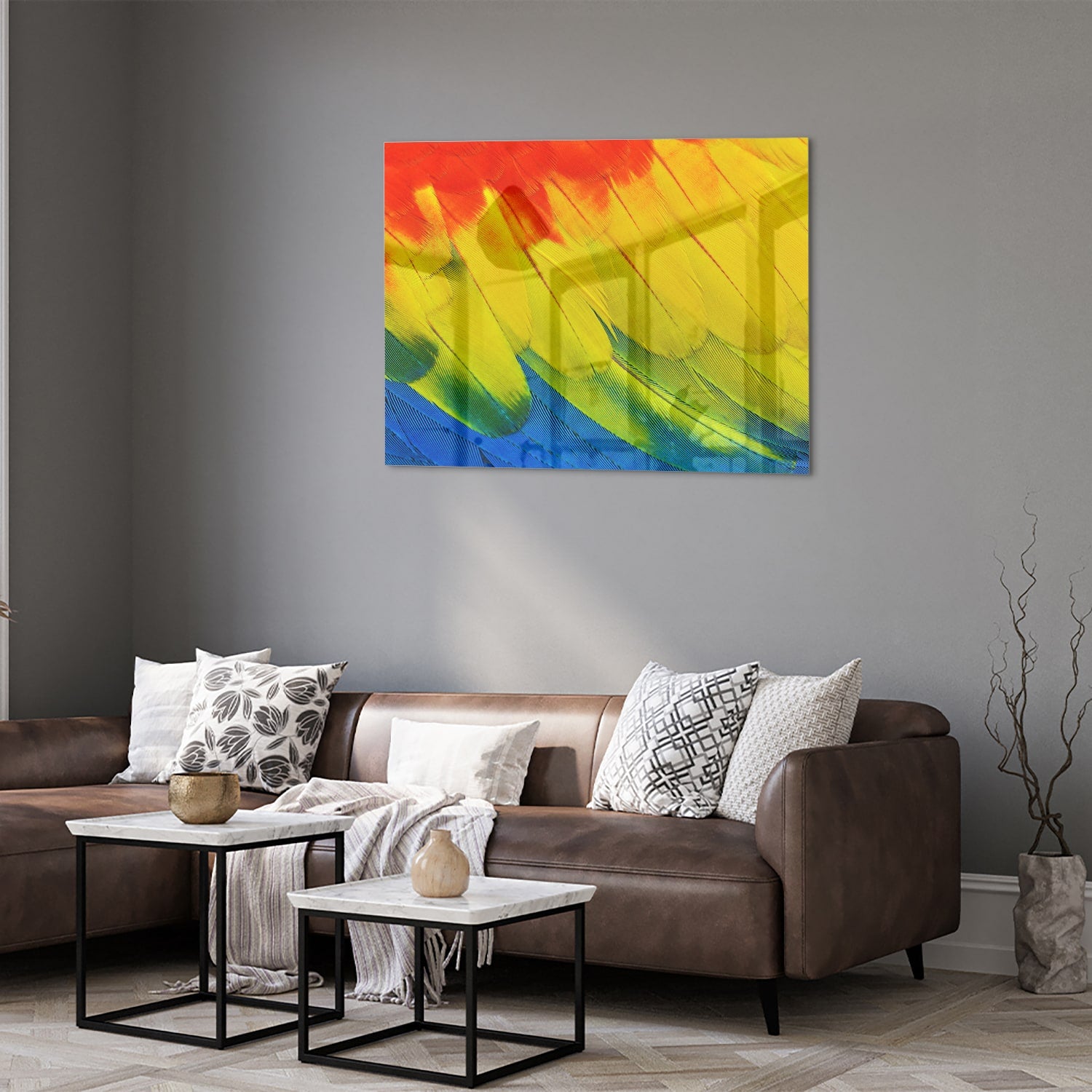 Abstract glazen schilderij met kleurrijke golven in rood, geel en blauw