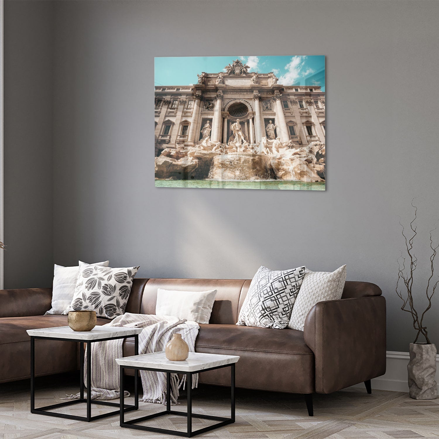 Glazen schilderij van de Trevi-fontein in Rome, prachtig weergegeven.