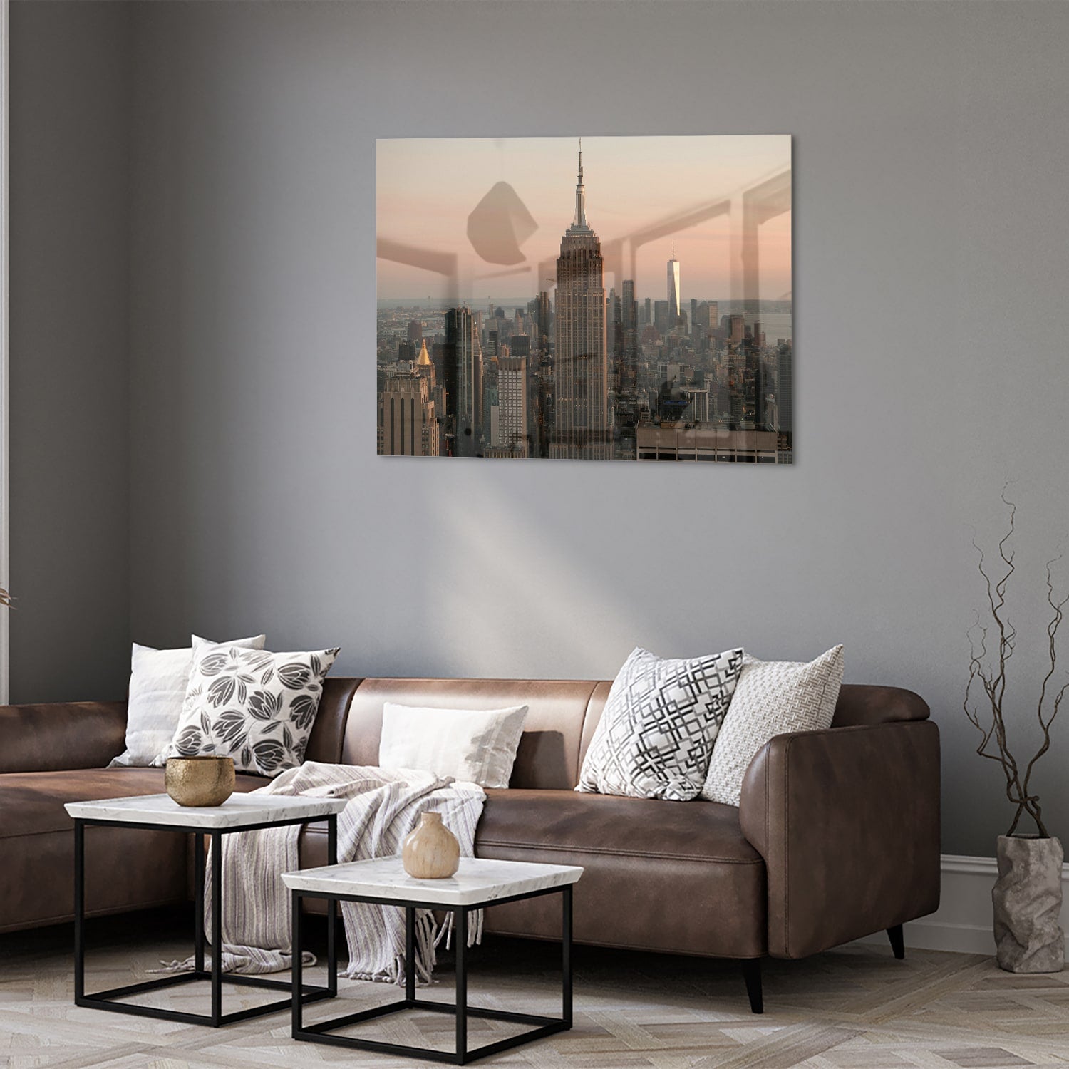Glazen schilderij van de Empire State Building met een mooie zonsondergang