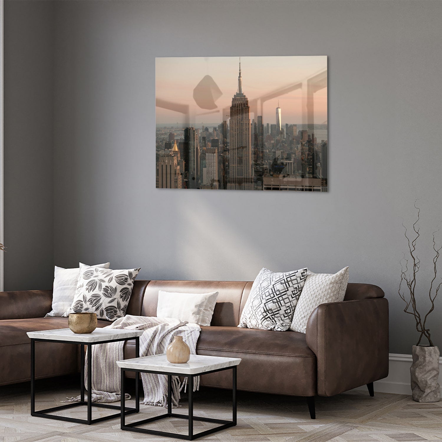 Glazen schilderij van de Empire State Building met een mooie zonsondergang