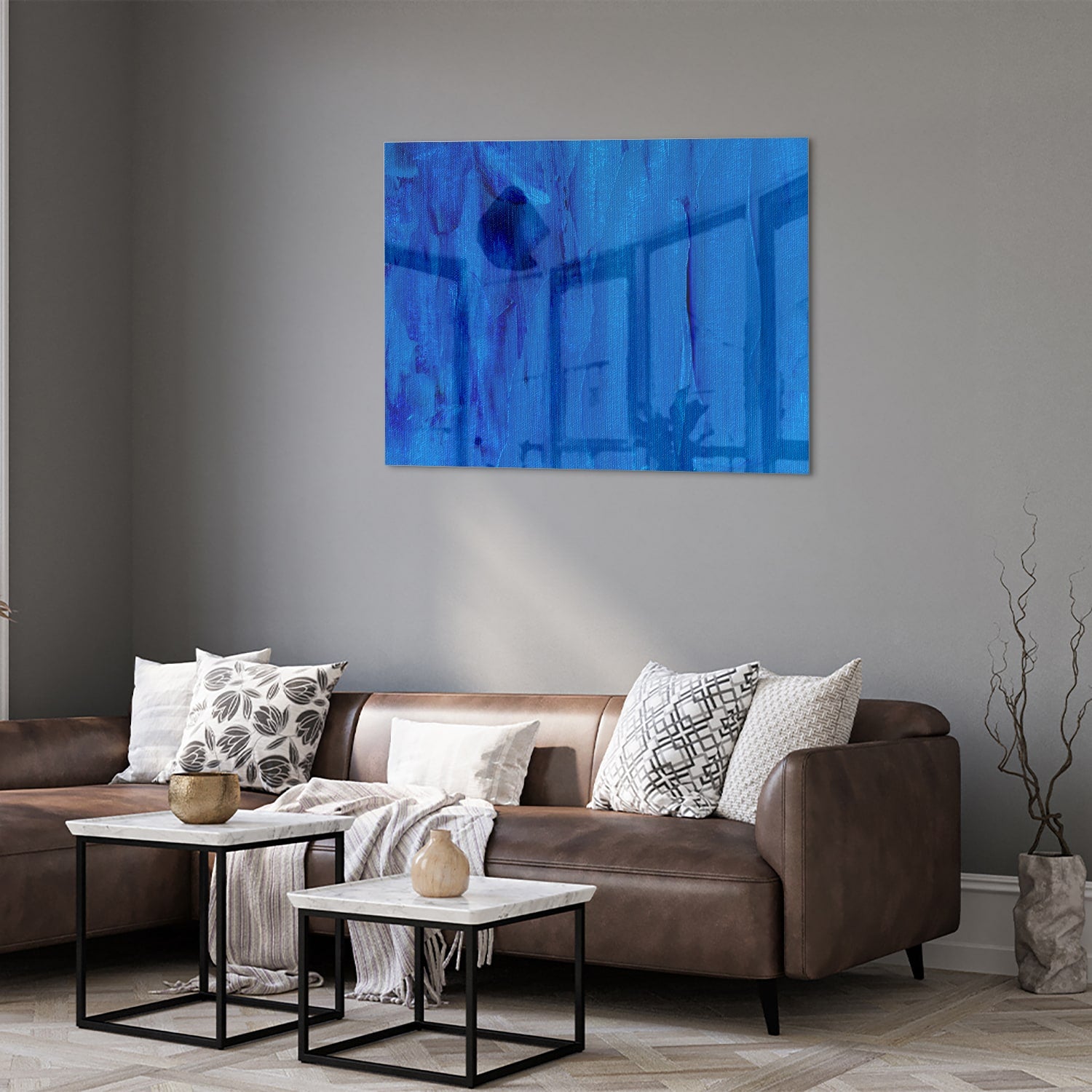Abstract glazen schilderij in blauw, perfect voor moderne inrichting