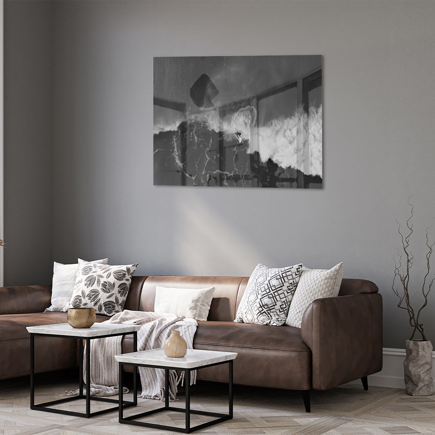 Abstract glazen schilderij in zwart-wit, perfect voor moderne interieurs.