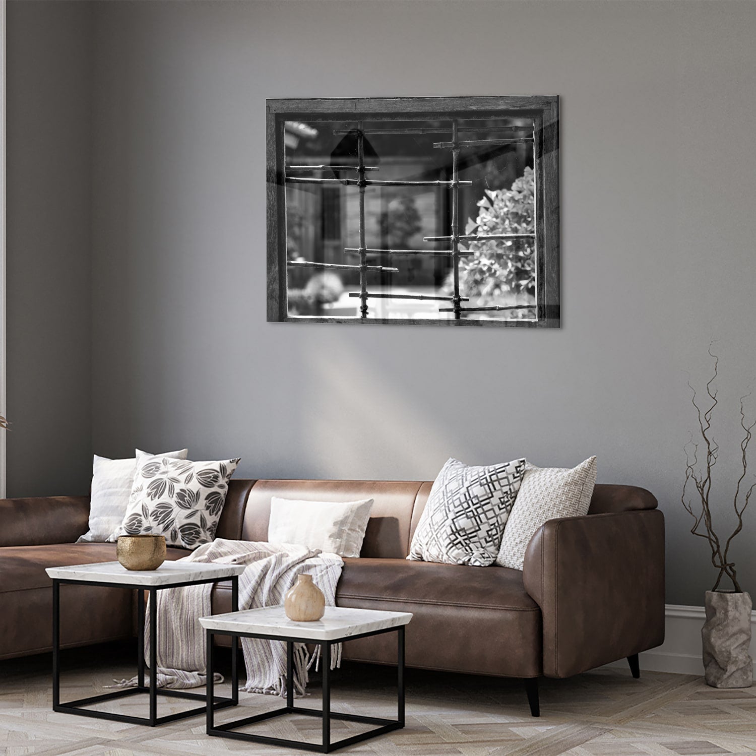 Glazen schilderij met chique raamuitzicht in een moderne woonkamer