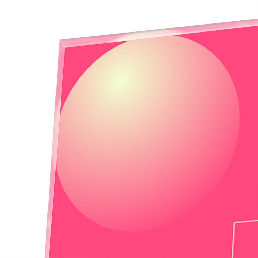 Modern glazen schilderij in frisroze met geometrische vormen.