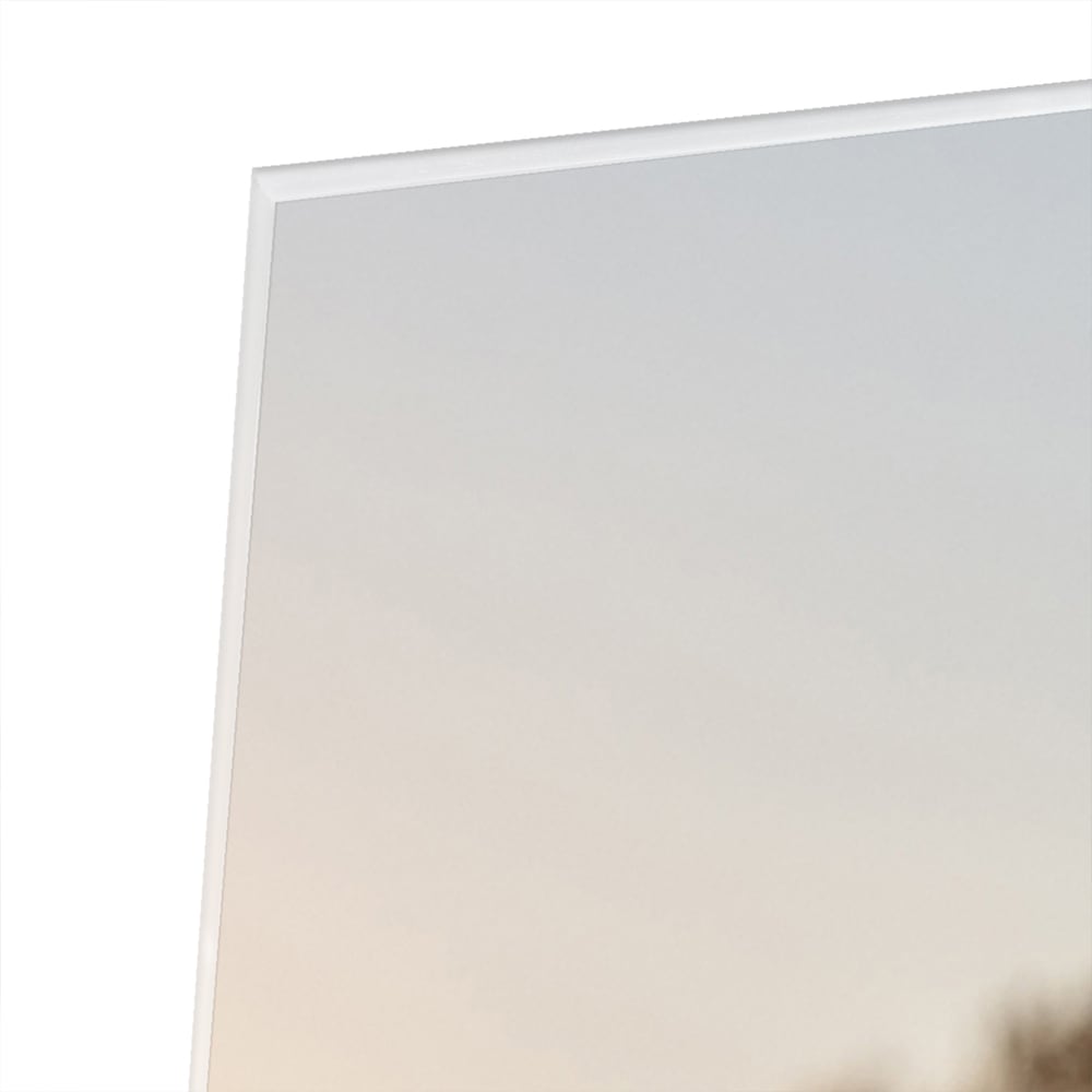 Glazen schilderij van een zonsondergang met bloeiende bloemen, hangend aan een witte muur.