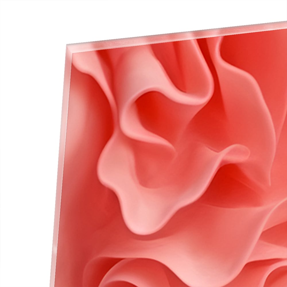 Abstract glazen schilderij in roze met golvende patronen, perfect voor wanddecoratie.