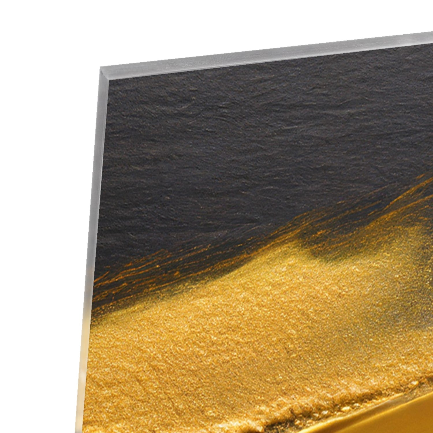 Modern glazen schilderij met gouden strepen op een zwarte achtergrond.