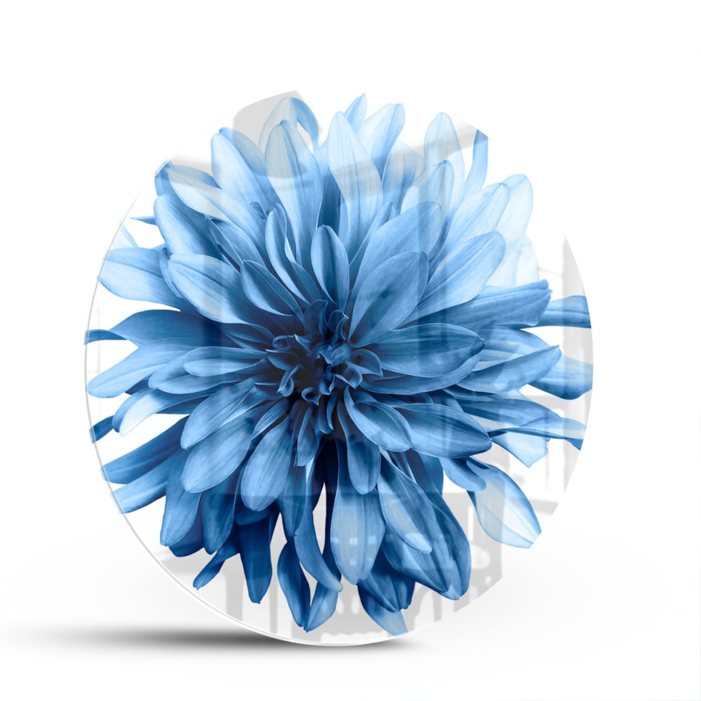 Glazen schilderij van een blauwe bloem in een moderne woonkamer