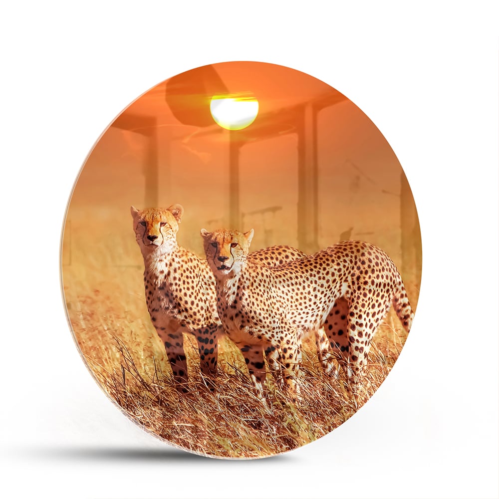 Glazen schilderij van twee cheeta's in een gouden savanne bij zonsondergang.