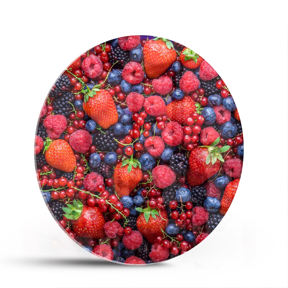 Glazen schilderij met een kleurrijke afbeelding van bessen en fruit