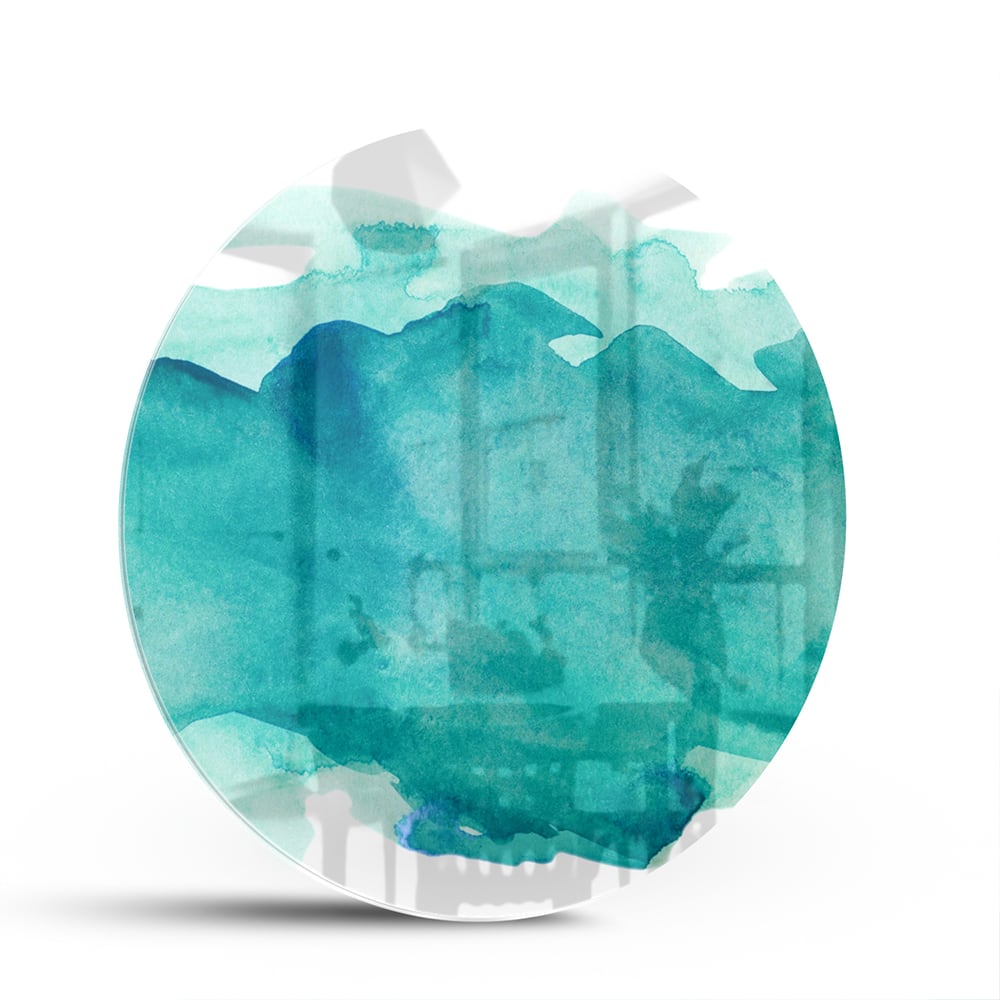 Abstract glazen schilderij met turquoise tinten, perfect voor moderne interieurs.