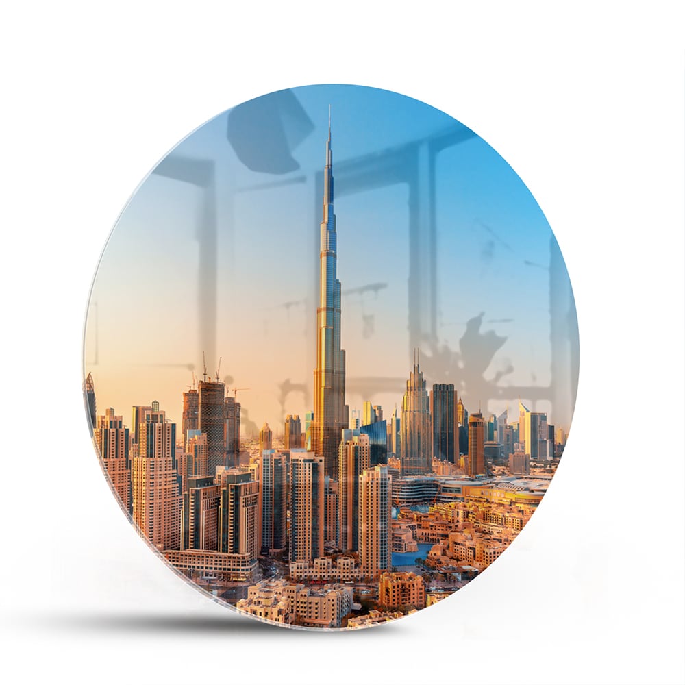 Glazen schilderij van de skyline van Dubai met Burj Khalifa tijdens zonsondergang