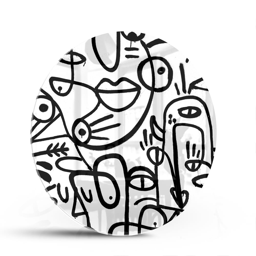 Abstract glazen schilderij in zwart-wit met vormen en lijnen
