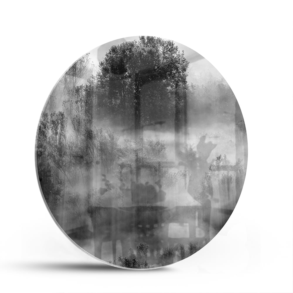 Glazen schilderij met een abstract zwart-wit landschap van bomen in de mist.