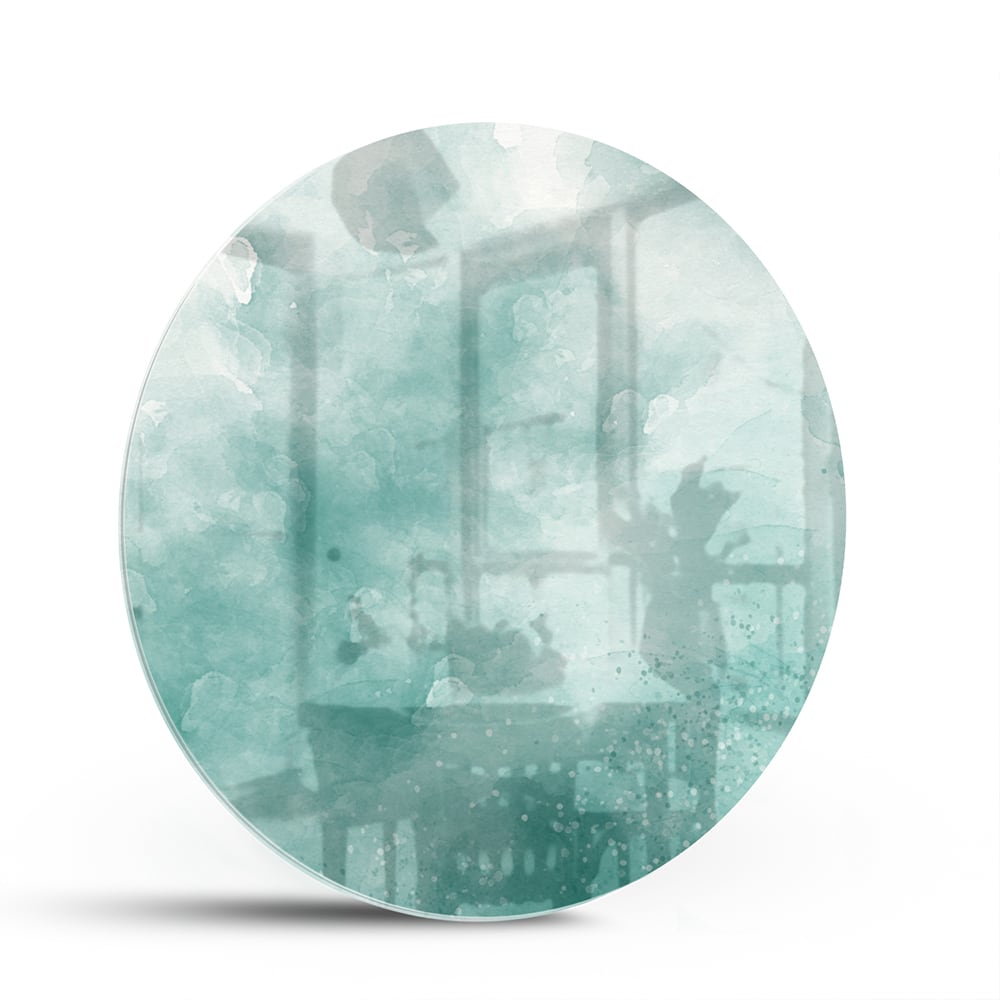 Abstract glazen schilderij in aquablauw kleur, past mooi in een modern interieur.